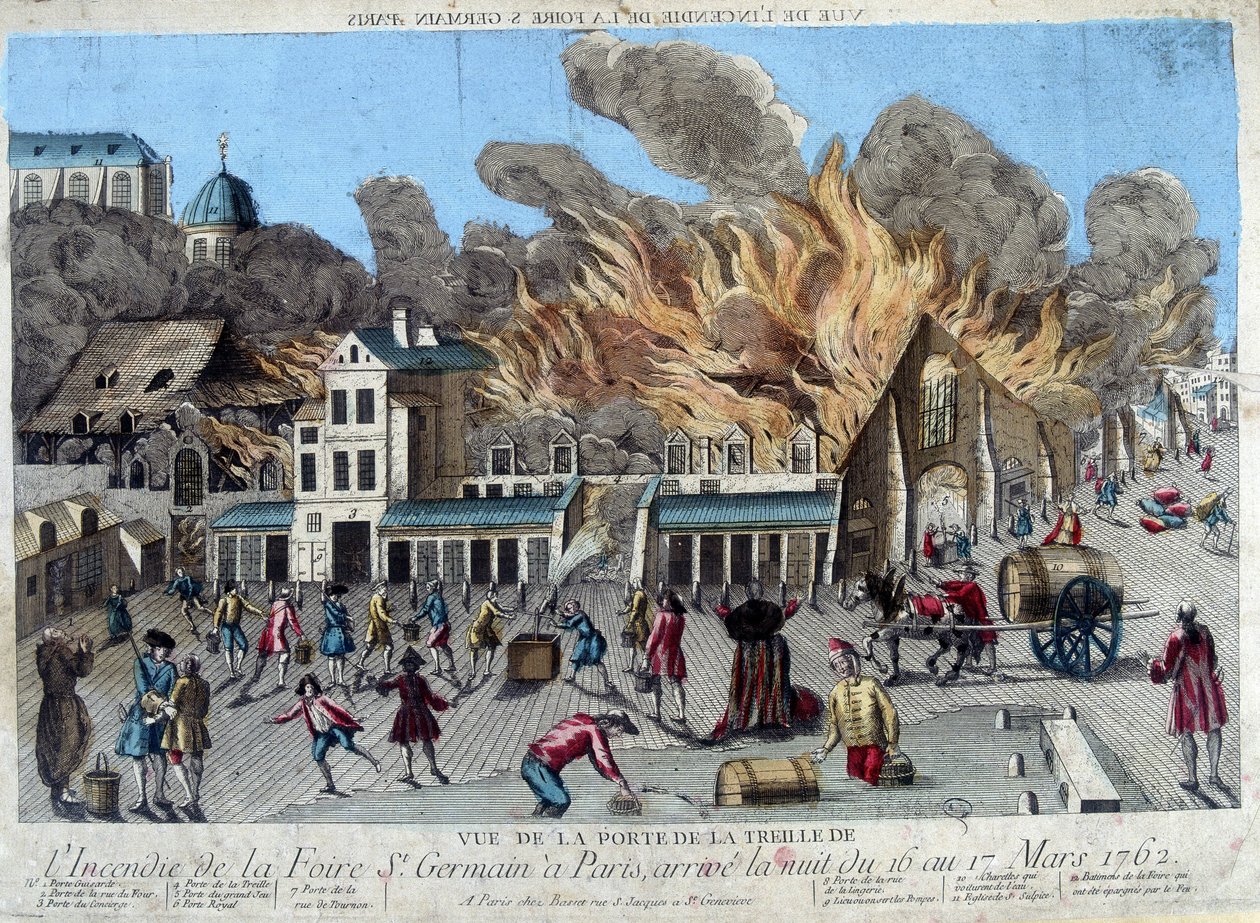 Saint Germain -messujen tulipalo Pariisissa yöllä 16. ja 17. maaliskuuta 1762 Treillen ovesta katsottuna. Kaiverrus 1700-luvulta tekijältä Unknown artist