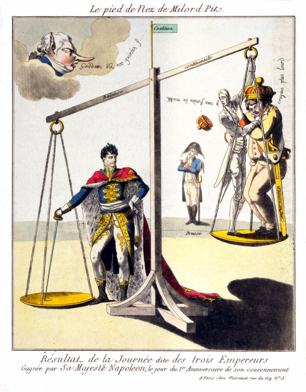 Milord Pitin nenän jalka - niin sanotun kolmen keisarin päivän tulos - Hänen majesteettinsa Napoleon voitti kruunauspäivän 1-vuotispäivänä. Sarjakuva Napoleon I:stä ja kolmannesta koalitiosta (Britanniaa edustaa William Pi tekijältä Unknown artist