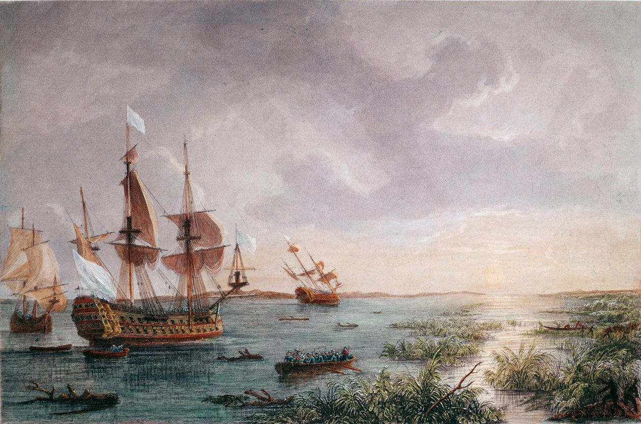 Ranskalainen tutkimusmatkailija Rene Robert Cavelier Sieur de LaSalle löytää Louisianan vuonna 1684 (kaiverrus tekijältä Unknown artist