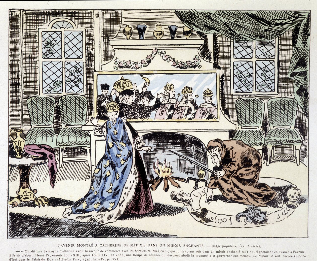 Catherine de Medicille (Caterina de Medici) näytettävä tulevaisuus lumotussa peilissä - Suosittu kuva 1700-luvulta tekijältä Unknown artist