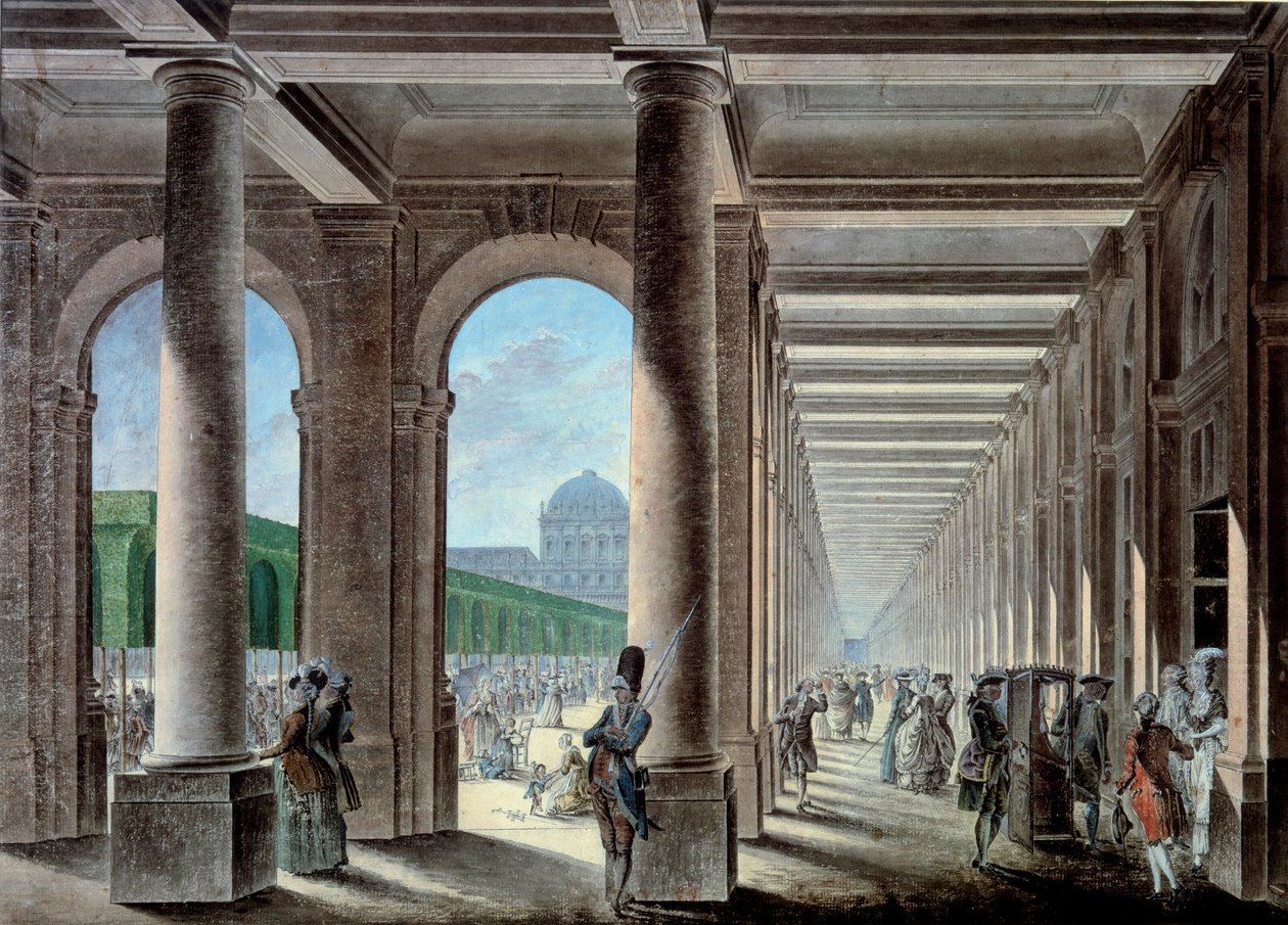 Palais Royalin galleriat ja puutarhat. 1700-luvun litografia. Paris, B.N. tekijältä Unknown artist