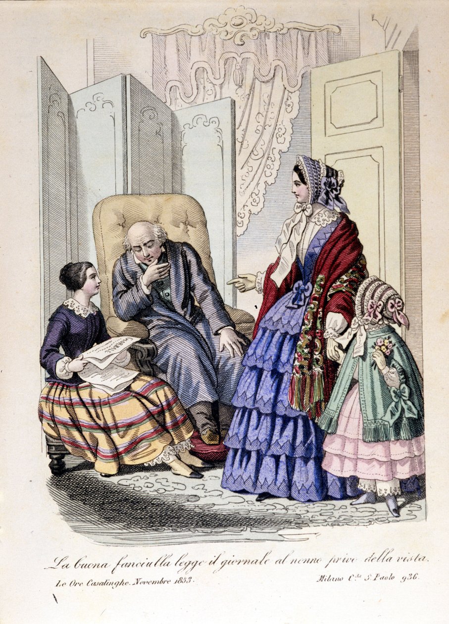 Tyttö lukee lehteä isoisälleen, joka on menettänyt näkönsä. Teoksesta "The ore casalinghe", marraskuu 1853. tekijältä Unknown artist