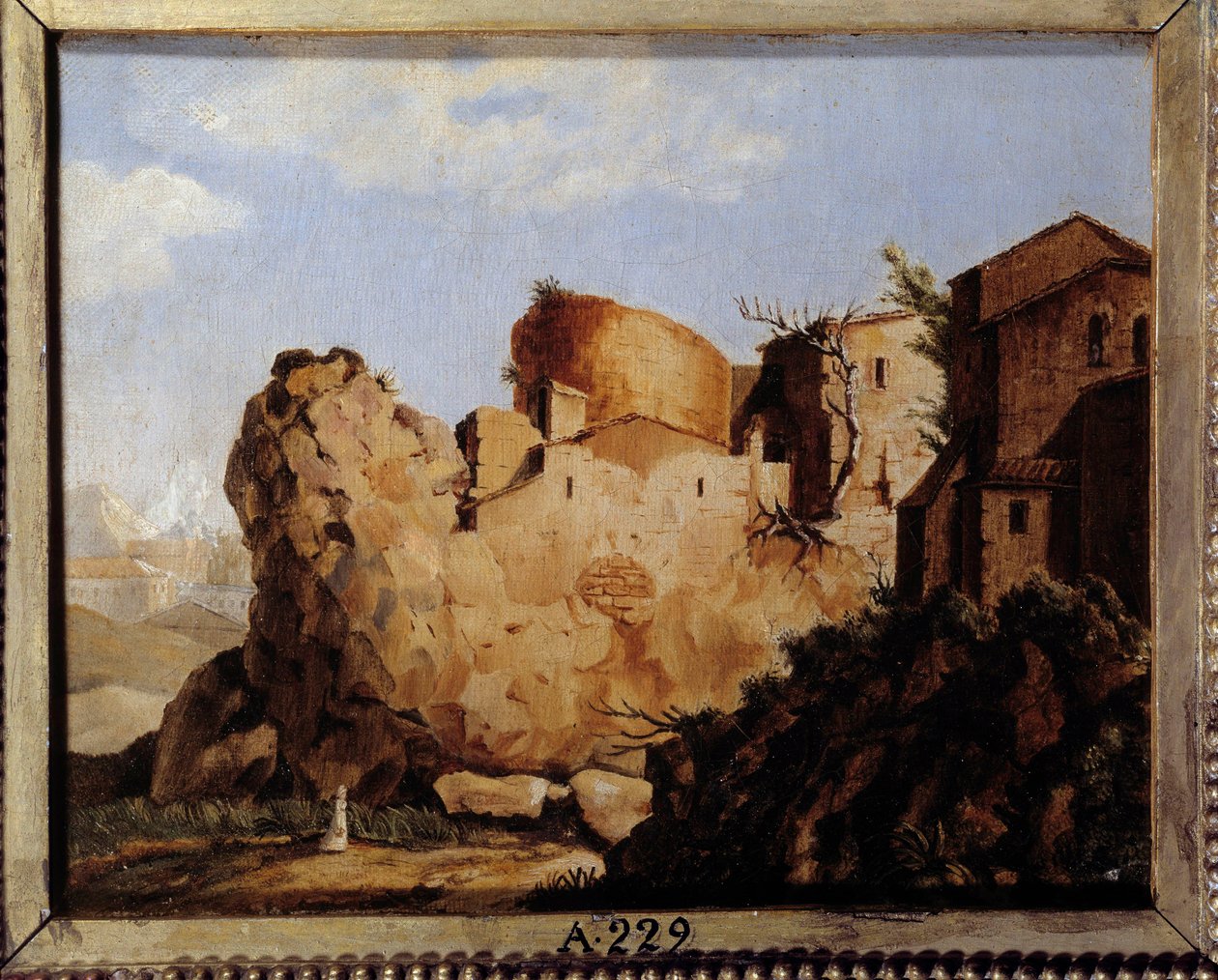 Napoleon Bonaparten (1769-1821) koti ja Korsikan linnoitus, omituinen sommitelma Maisema toistaa Napoleonin profiilin optisella harhalla. Anonyymi maalaus 1822 Aix Island, Napoleonin museo tekijältä Unknown artist