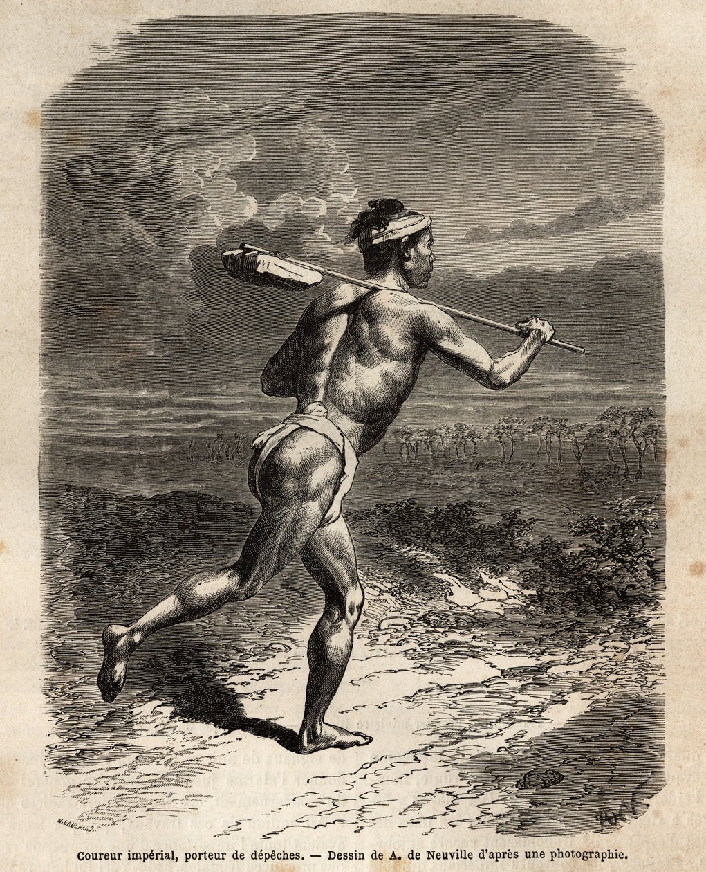 Keisarillinen juoksija kantaen Mikado-depechesia. Kaiverrus havainnollistamaan matkaa Japaniin vuosina 1863-1864, Sveitsin valaliiton ministeri Aime Humbert Edouan johdolla julkaistussa "" Le tour du monde, nouveau journal des voyages" -julkaisussa. tekijältä Unknown artist