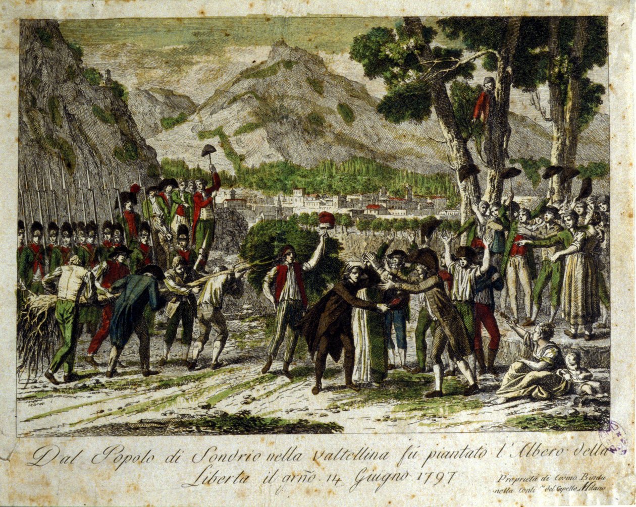 Sondrio de la Valtellinan asukkaat istuttavat Liberten puun, joka on symboli voitosta vanhasta järjestelmästä. 14/06/1797. Kaiverrus. tekijältä Unknown artist