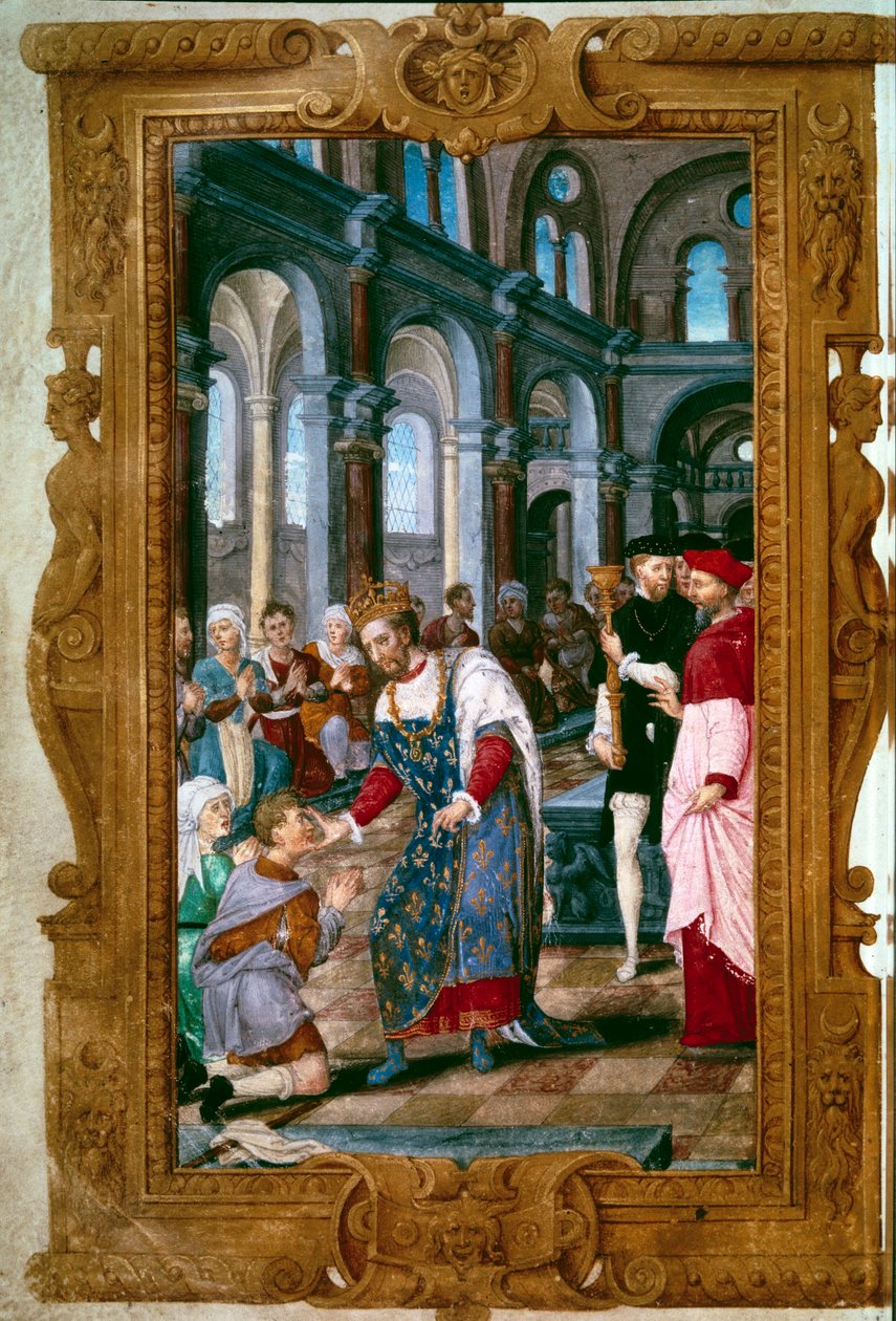Kuningas koskettaa, Jumala kuulee sinua kuningas Henrik II (1519-1559), thaumaturge, ecrouelles-soturit Saint Marcoulin luostarissa juuri Reimsin kruunajaiseremonian jälkeen. Hänen lähellään Reimsin kaari. Miniatyyri teoksesta "Henry II:n tunnit" 154 tekijältä Unknown artist