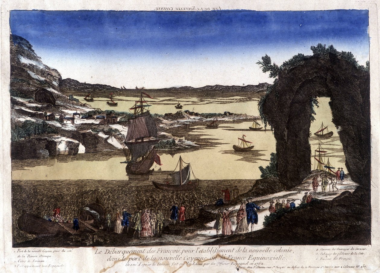 Ranskan maihinnousu uuden siirtokunnan perustamiseksi Nouvelle Cayennen (tai France Equinoxialen) satamaan tekijältä Unknown artist