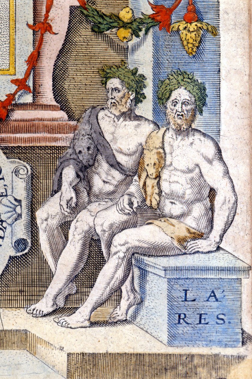 Lares-jumalat: he suojelevat taloa ja sen asukkaita (he ovat esi-isiensä henkiä). Kaiverrus 1500-luvulta tekijältä Unknown artist