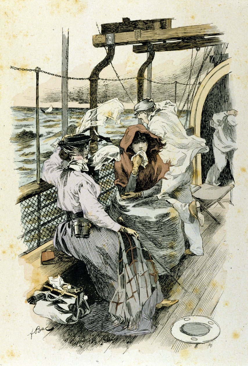 Matkustajien elämä laivalla: nuori nainen kärsii merisairaudesta. tekijältä Unknown artist