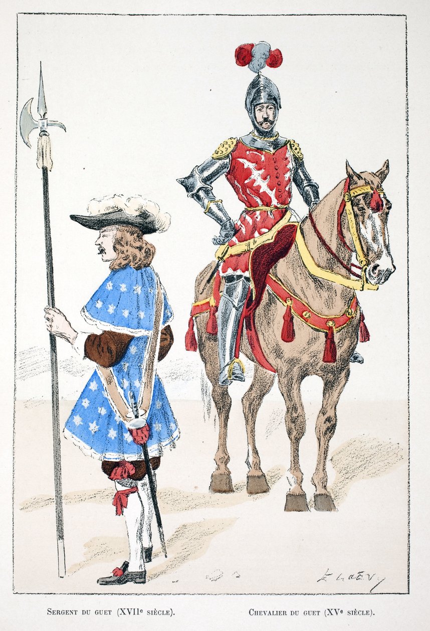 Näköpiirikersantti 1600-luvulla ja ritari 1400-luvulla. Etsaus väreillä, havainnollistava "History of the Corps of the Peacekeepers"" -kirja, joka on julkaistu Louis Lepinen (1846-1933) Seinen poliisiprefektin alaisuudessa tekijältä Unknown artist