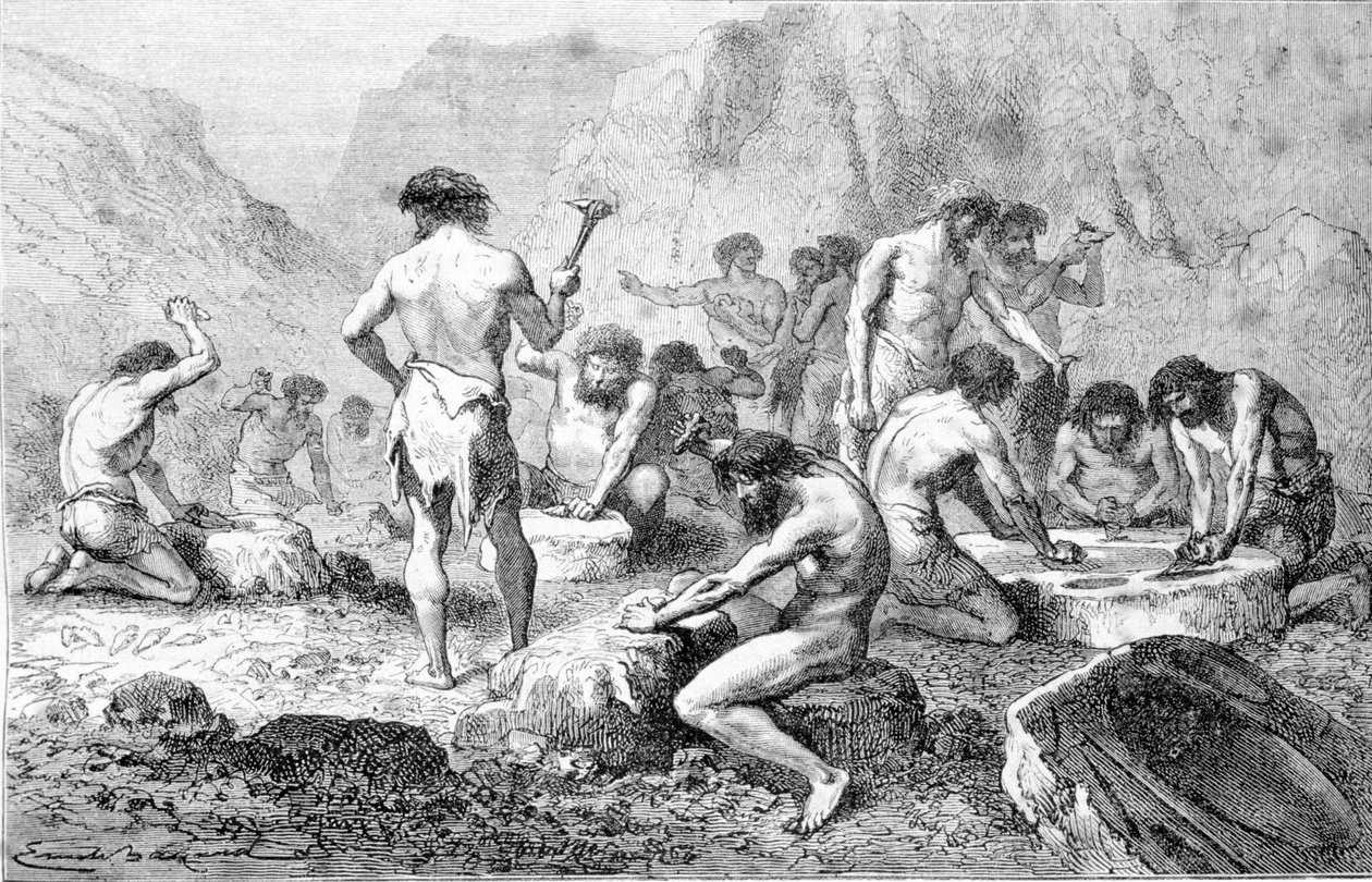 Esihistoriallisten miesten valmistama piikiven valmistus ja kiillotus Pressignyssä. tekijältä Unknown artist