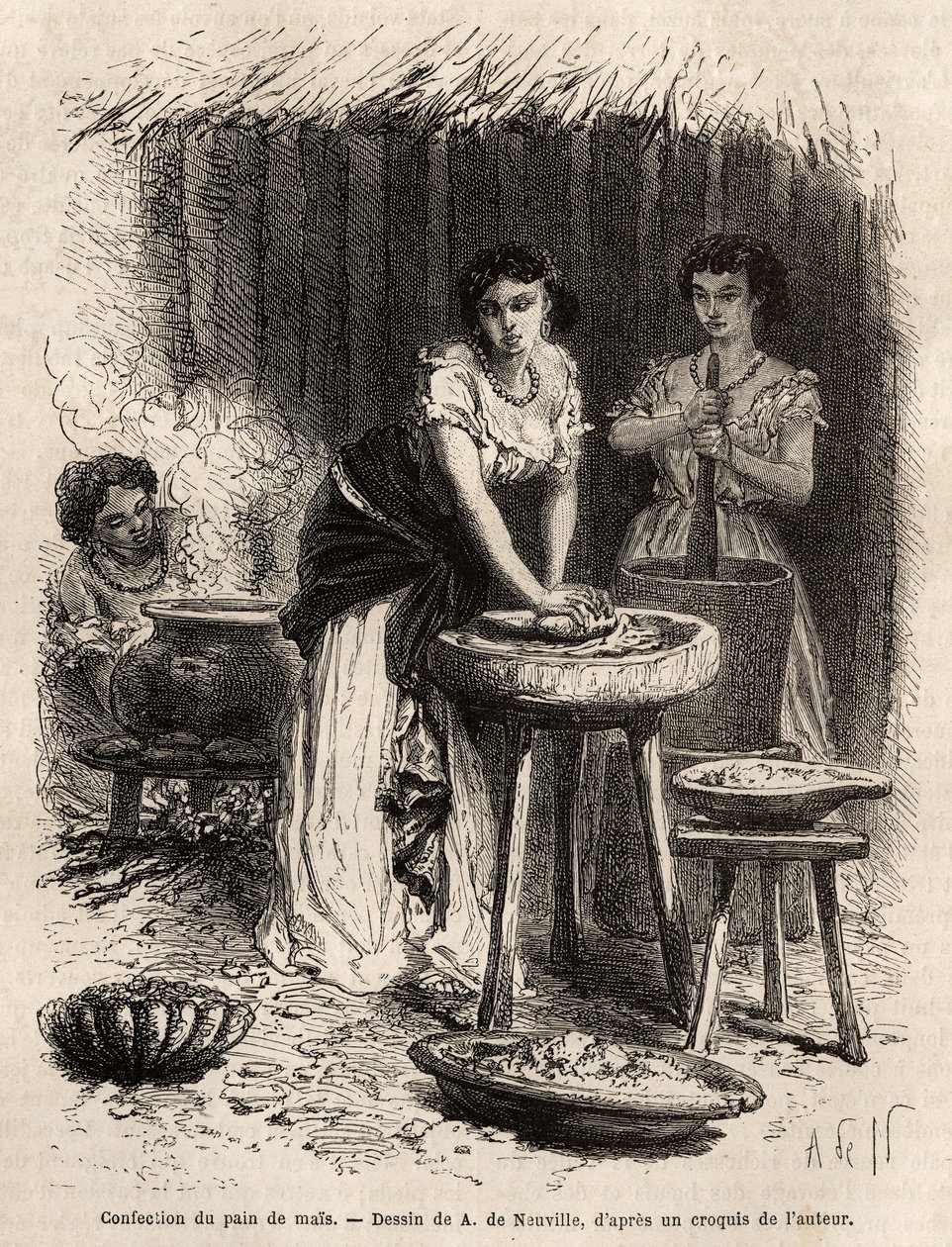 Maissileivän valmistus, ruoan perusta, Great Cauca Valleyn (Kolumbia) naisten toimesta. Kaiverrus havainnollistamaan matkaa New Granadaan, tohtori Saffray, vuonna 1869, julkaistu "" Le tour du monde""" 1873, toimittanut Edouard Charton, painos Hachet tekijältä Unknown artist