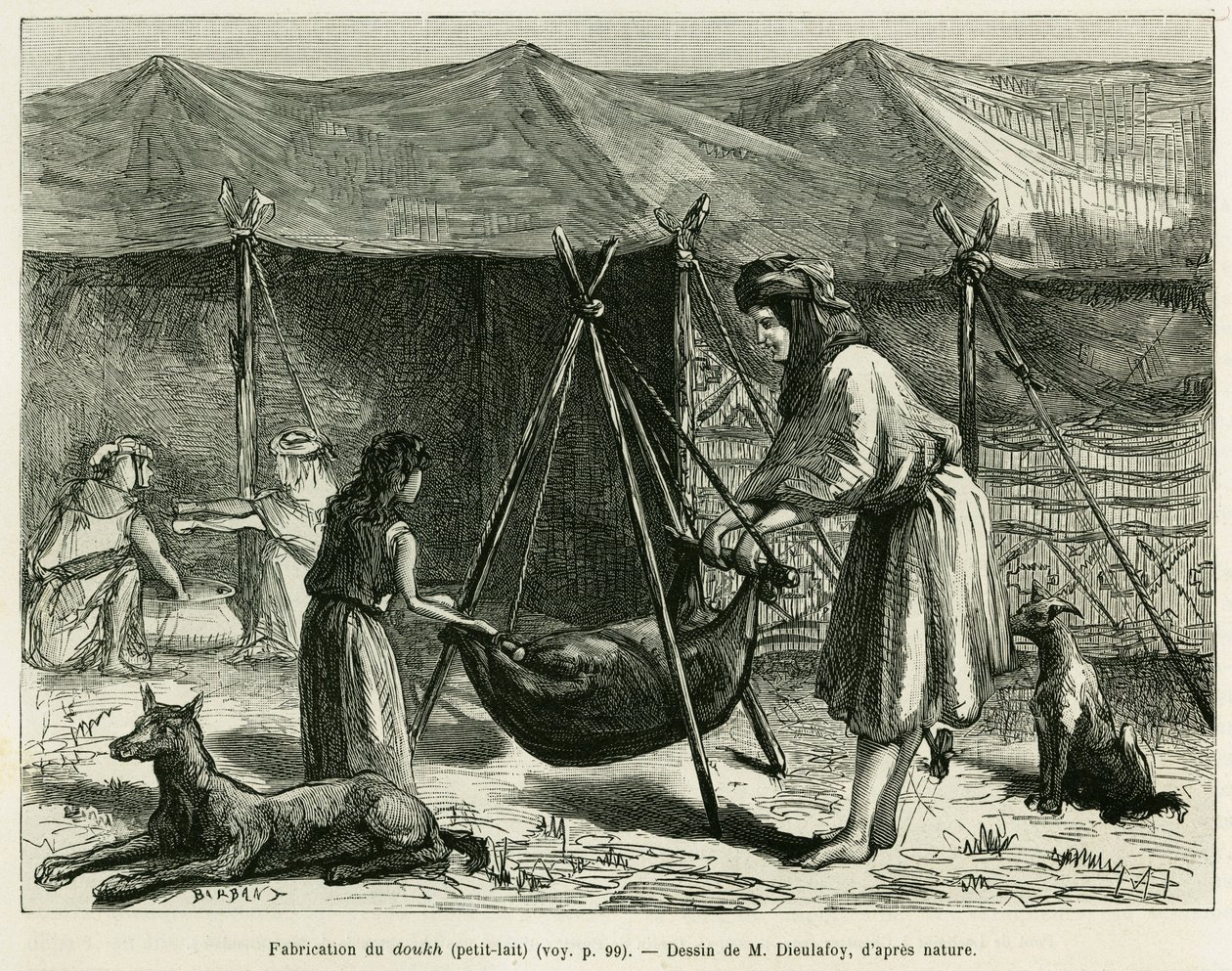 Karounin alueen paimennaisten valmistama maidon valmistus. Kaiverrus havainnollistamaan akatemiaupseerin Jane Delafoyn (1851-1916) tarinaa La Perse, la Chaldee et la Susiane, in le tour du monde 1886, ohjaaja Edouard Charton (1807-1890), Ha tekijältä Unknown artist