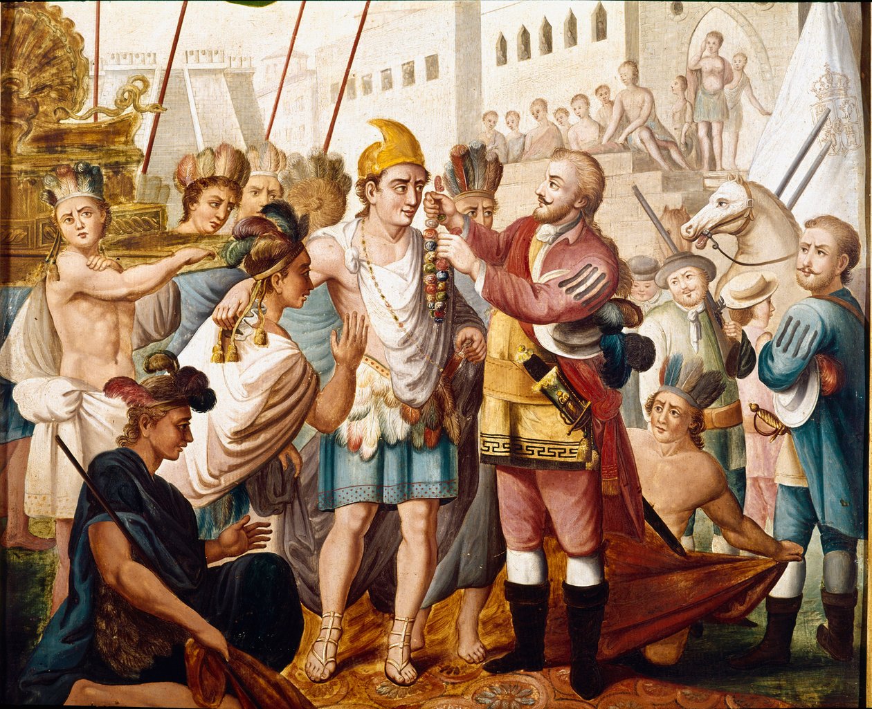 Hernan (tai Hernando) Cortesin tai Fernand Cortezin (1485-1547) ja atsteekkien kuninkaan Montezuman (tai Moctezuma: 1466 - 1520) tapaaminen marraskuussa 1519 Anonyymi maalaus 1800-luvulta. Amerikan museo, Madrid. tekijältä Unknown artist