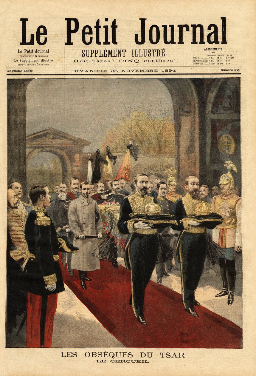 Tsaari Aleksanteri III:n (1815-1894) obsequet Pietarin ja Paavalin katedraalissa, Romanovin hautausmaa, Pietarin linnoituksen keskustassa. Kaiverrus "" Le petit Journal" -lehdessä 25/11/1894. Selvan kokoelma. tekijältä Unknown artist