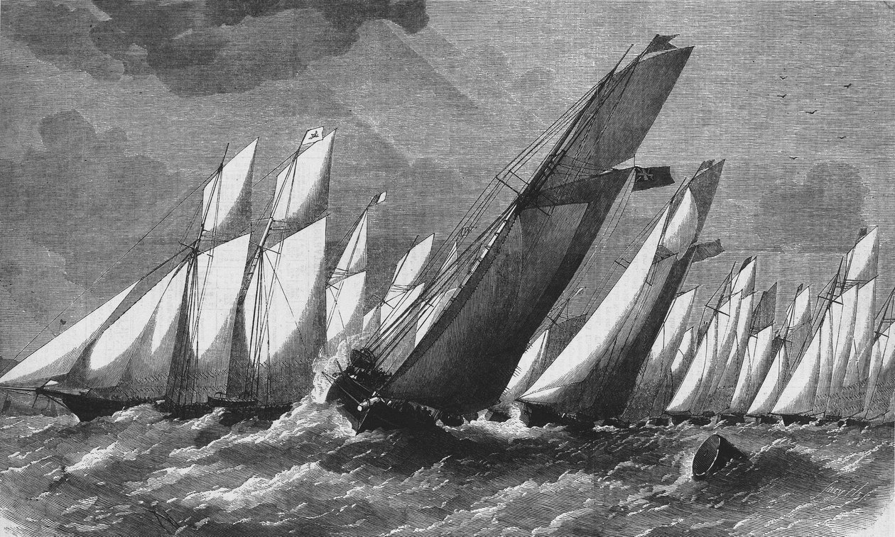 Royal Victoria Yacht Clubin valtamerikilpailu vuonna 1868 - kaiverrus, Bibl. des Arts deco. tekijältä Unknown artist
