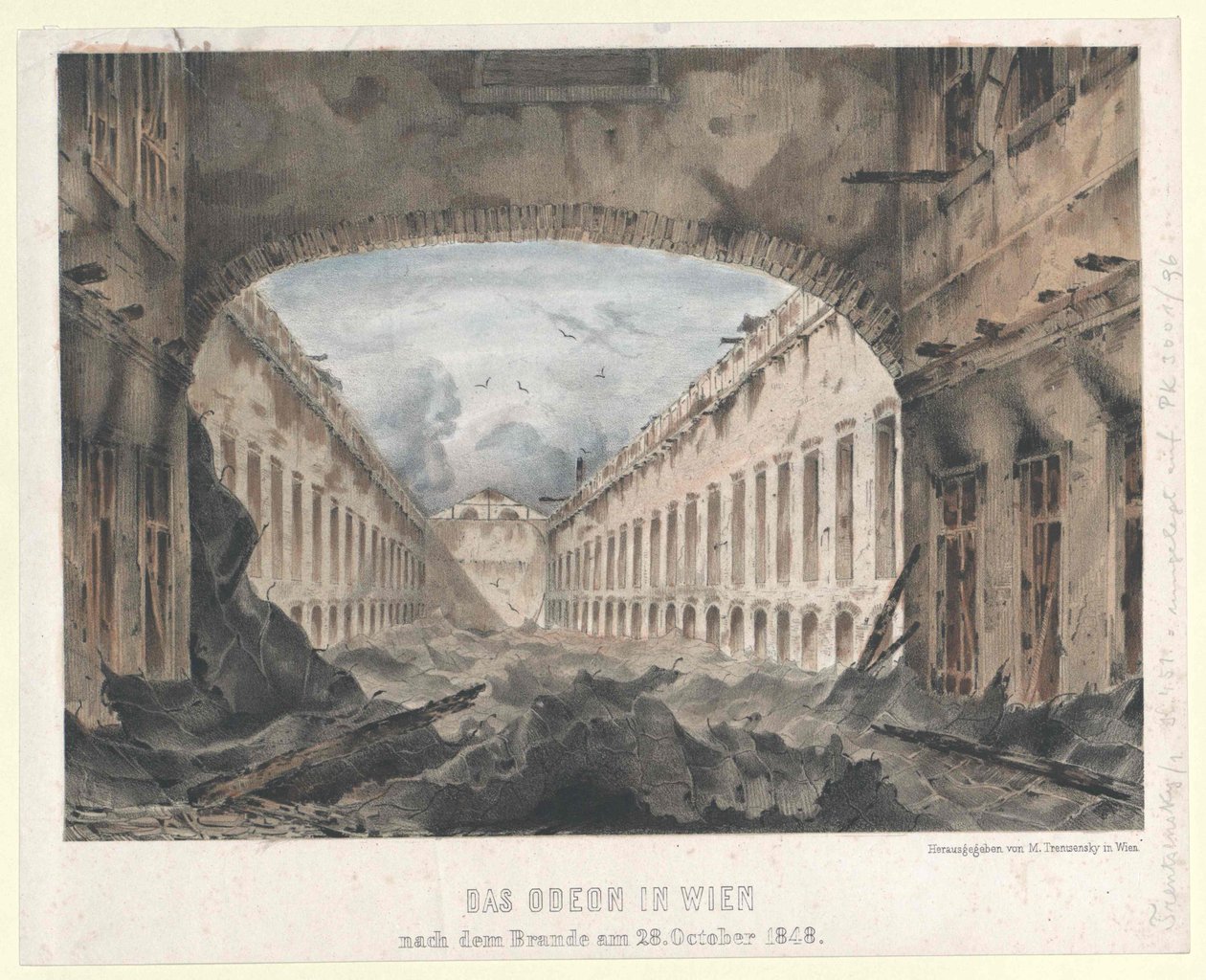 Odeon Wienissä tulipalon jälkeen klo 28. Lokakuu 1848 (värillinen litografia) tekijältä Unknown artist