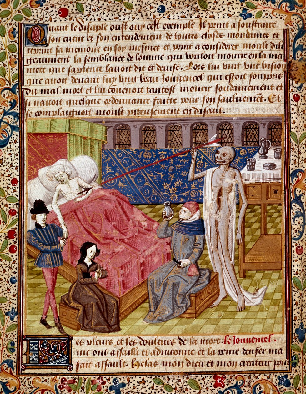 Potilasta iski Jean Gersonin (1363-1429) 1400-luvun Chantilly, Musee Conde "" Le Tresor de Sapience -kirjasta" (tai "Le traite du jardin amoureux") otettu pienoiskuolema. tekijältä Unknown artist