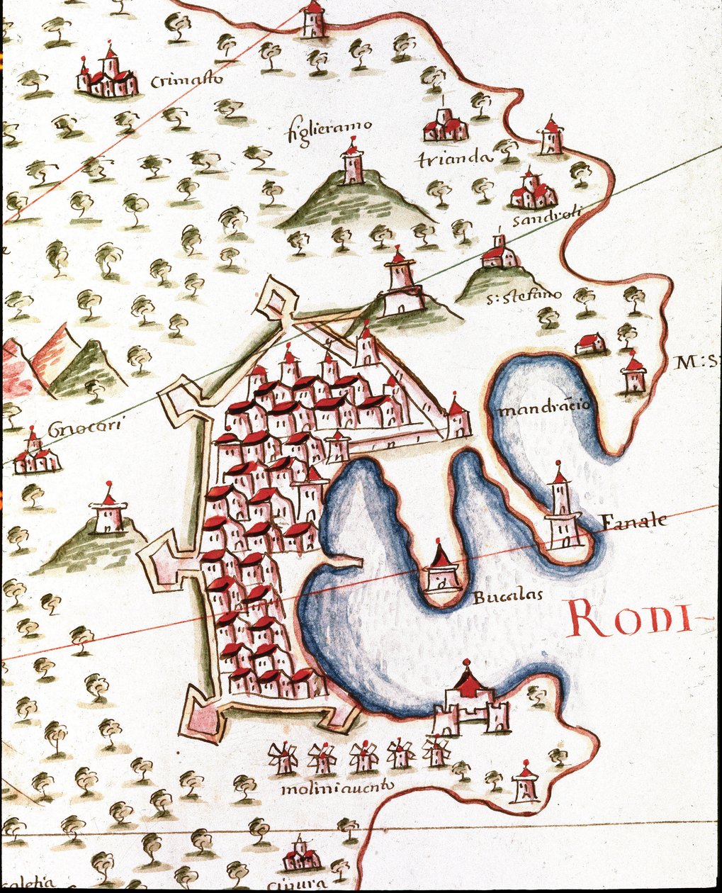 Rodoksen satama Kreikassa (Castellinin portulanin yksityiskohta tekijältä Unknown artist