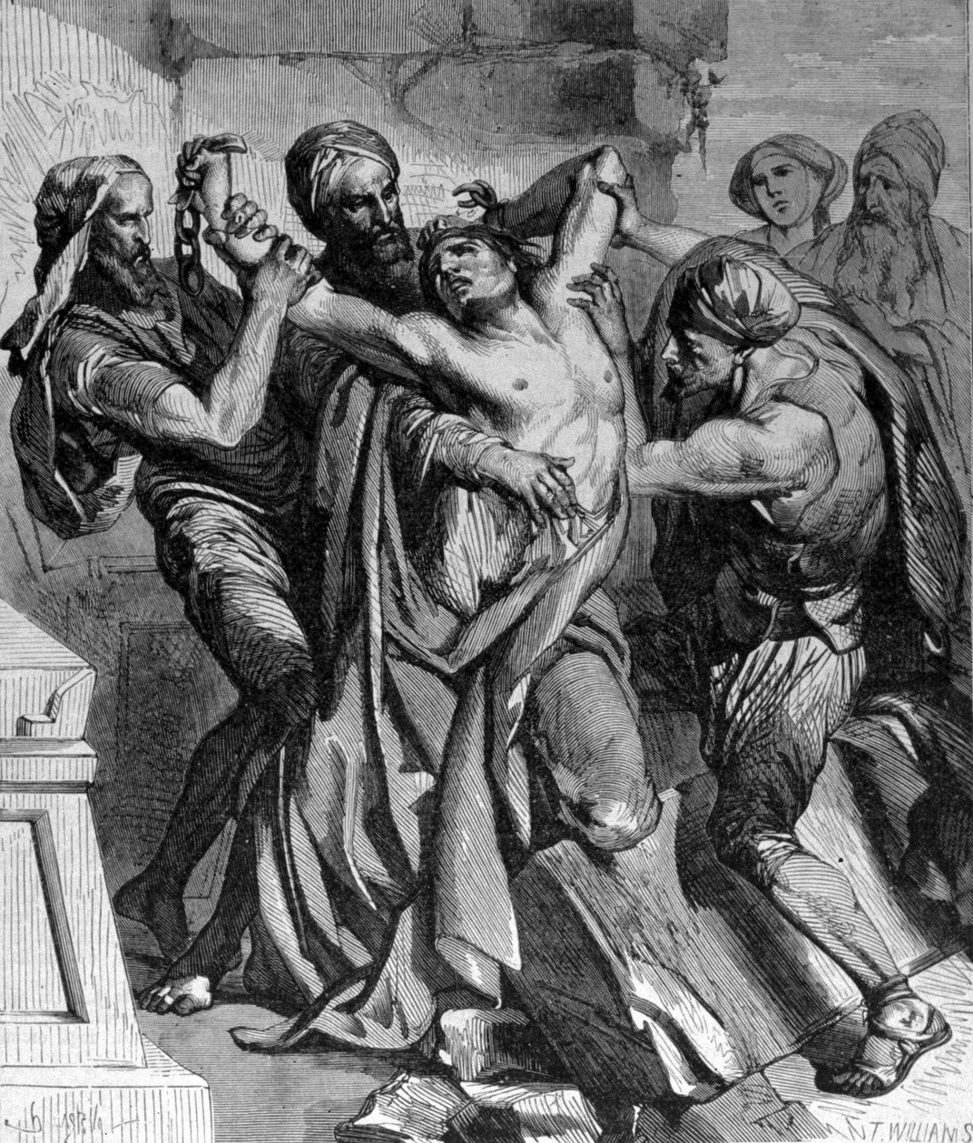 Kapernamin vallattu. Jeesuksen tekemistä ihmeistä huolimatta kaupunki kieltäytyi kääntymästä. Kaiverrus 1800-luvulta. tekijältä Unknown artist