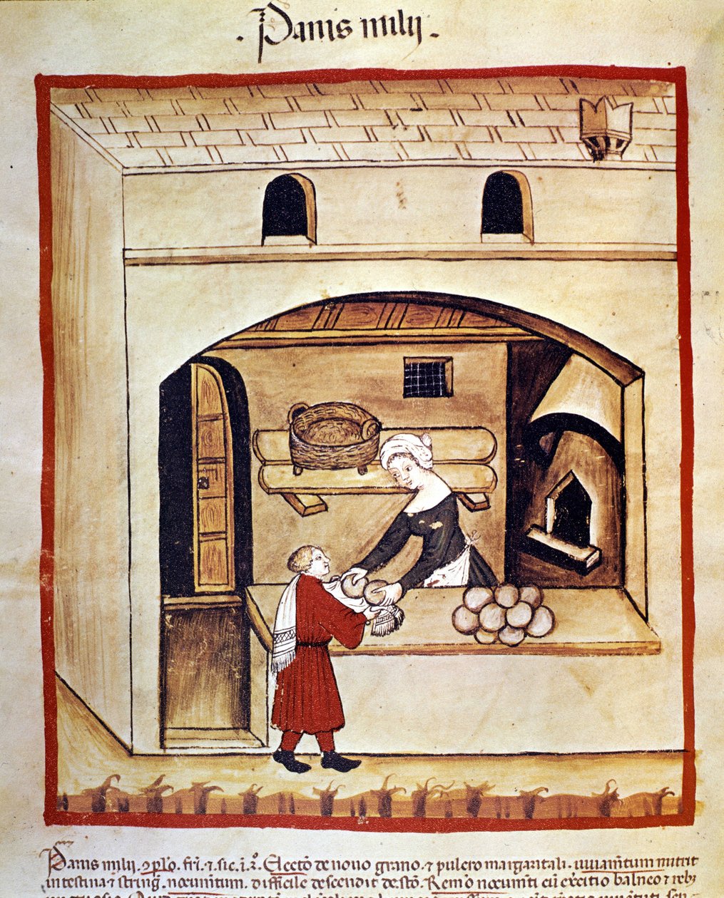 Leivän valmistus hirssillä. Valaistus lääketieteen ja dietetiikan lypsystä "" Tacuinum sanitatis"" tekijältä Unknown artist