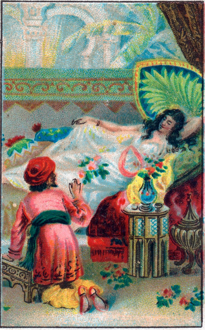 Prinssi ja prinsessa. Tarina "" Tarina lumotusta hevosesta"" "Tuhat ja yksi yö" (1001 yötä tai Le mille e una notte, Arabian Nights). 1800-luvun lopun kromolitografia. tekijältä Unknown artist