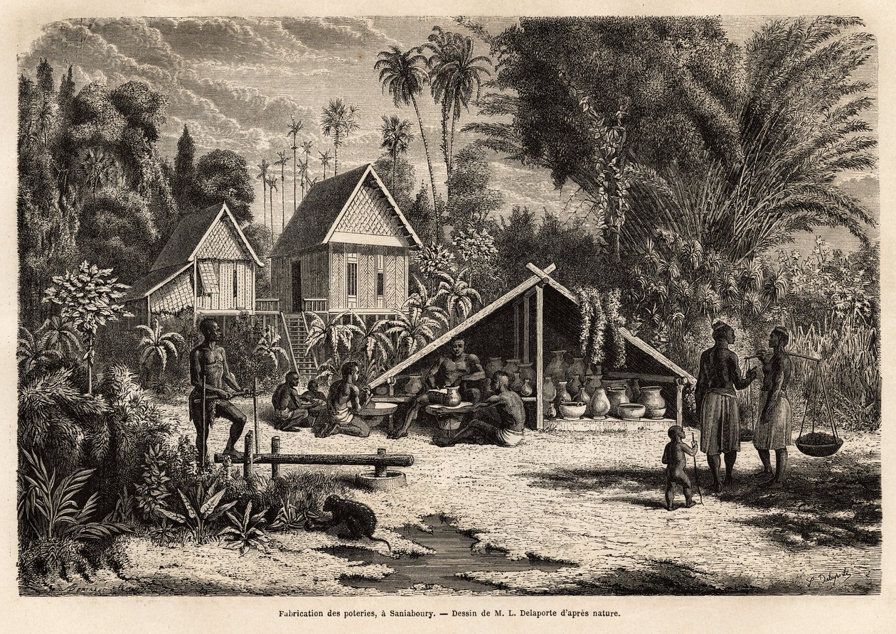 Keramiikkatuotanto Saniabouryssa (Laos). Kaiverrus havainnollistamaan tutkimusmatkaa Indokiinassa, luutnantti de Vaissseau Francis Garnier, vuosina 1866-1868, julkaistu "" Le tour du monde""" 1870-1871, toimittanut Edouard Charton, painos Hac tekijältä Unknown artist