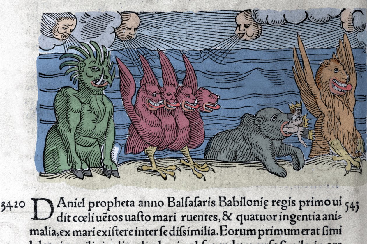 Profeetta Daniel näkee hirviöitä ilmestyvän: Haniel, Kafziel, Azriel, Aniel. Kaiverrus Wolfhartin (Conrad Lycosthene) "Prodigiorum ac ostentorum Chronicon Basileae -kirjasta" 1557 tekijältä Unknown artist