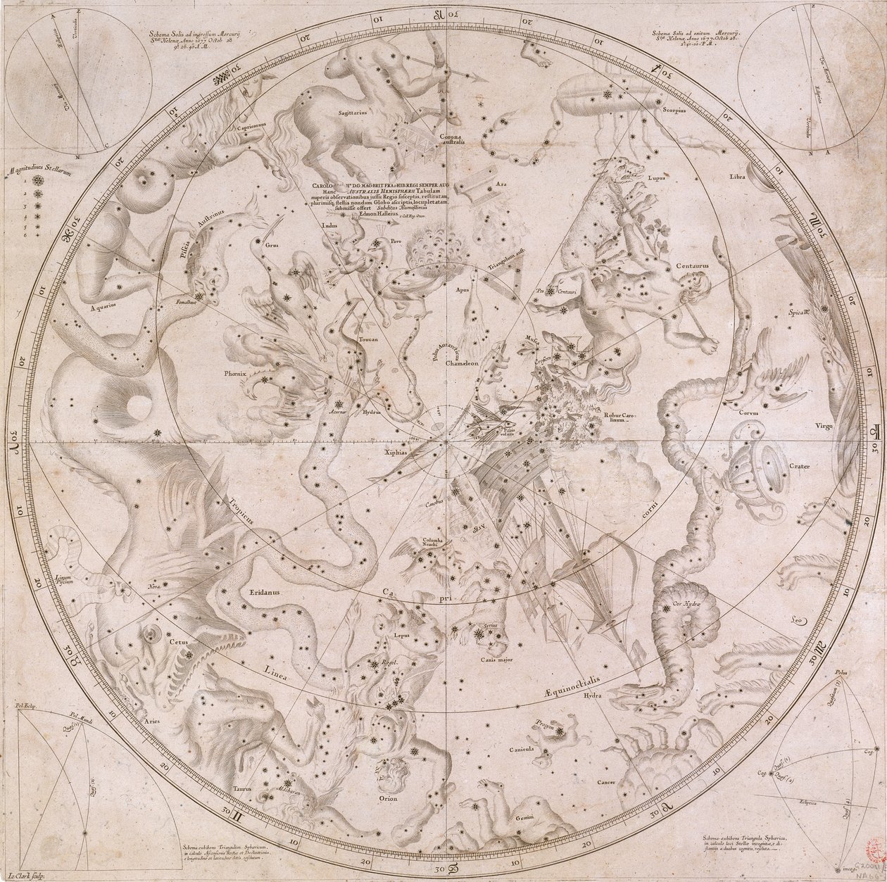 Tärkeimpien kiintotähtien oikeat nousut ja laskut molemmilla pallonpuoliskoilla vuoteen 1678 asti. tekijältä Unknown artist