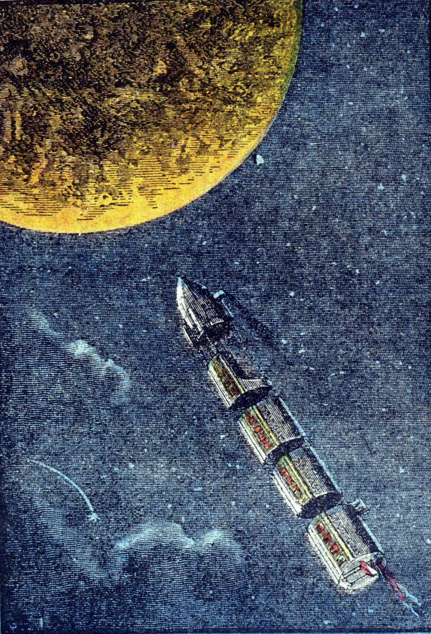 Raketti laukaistiin avaruuteen saapuessaan kuuhun - grav. Jules Vernen teoksessa "Maasta kuuhun". tekijältä Unknown artist