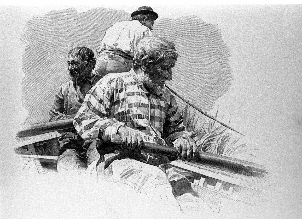 Soutajat veneessä Anapo-joella Sisiliassa. tekijältä Unknown artist