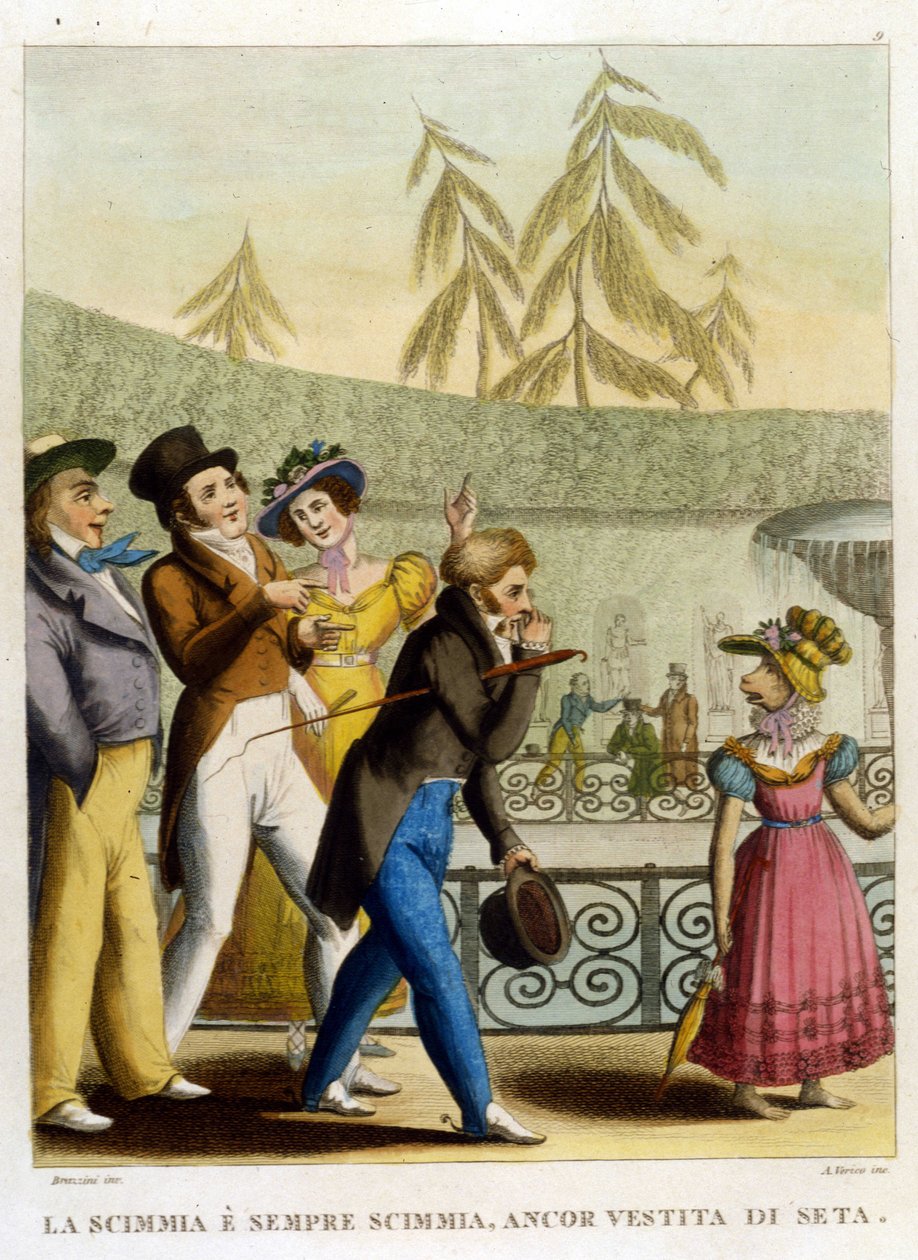 Sanonta: "Apina, vaikka se on puettu silkkiin, pysyy apinana" (Takki ei tee munkkia). Kuvitus 1700-luvun sananlaskujen kokoelmasta tekijältä Unknown artist