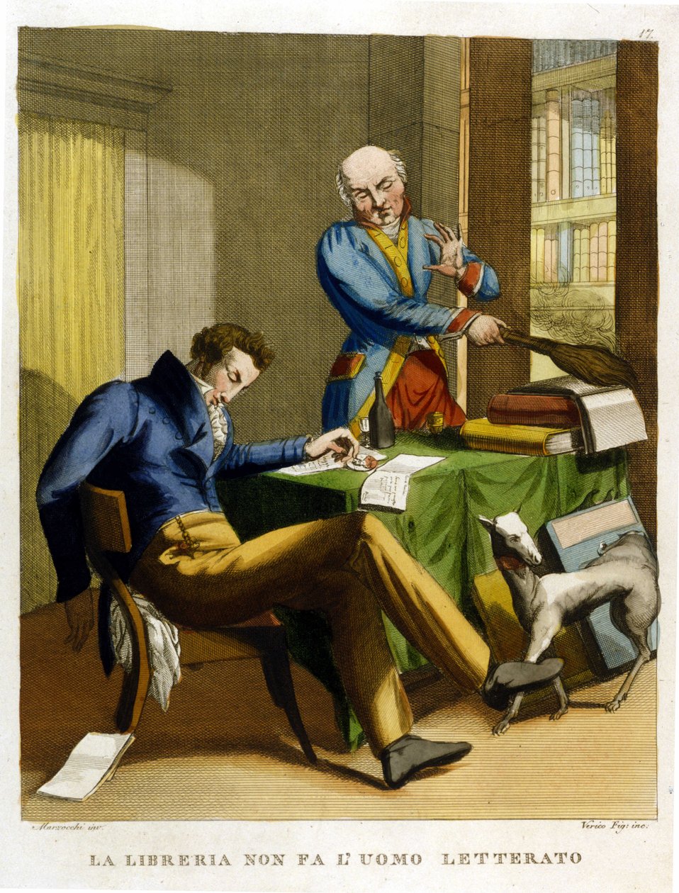 Sanonta: "Kirjasto ei pane ihmisen viljelemään" Kuvitus 1700-luvun sananlaskujen kokoelmasta. tekijältä Unknown artist