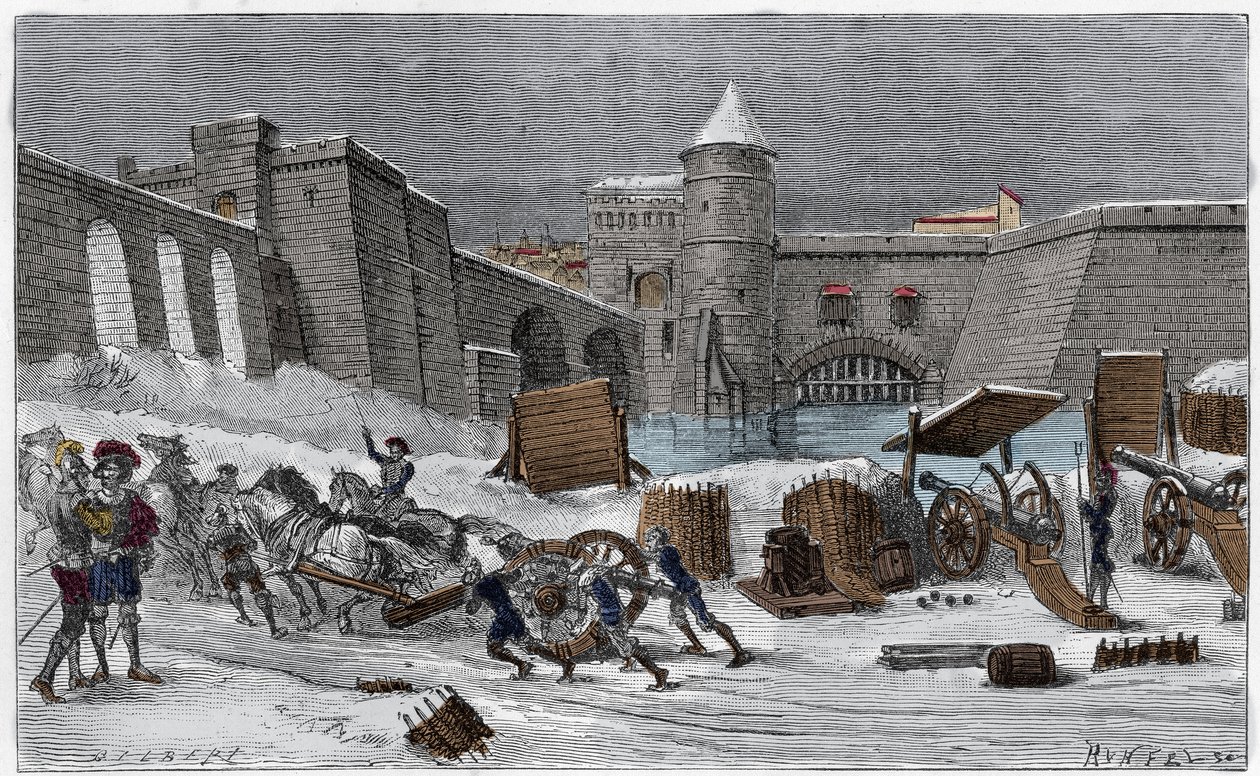 Kaarle V:n Metzin kotipaikka vuonna 1552 Gilbertin kaiverruksessa "Les sieges celebres". tekijältä Unknown artist