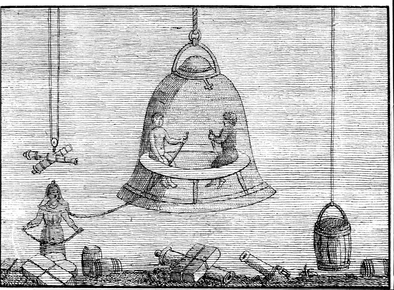Vasemmalla olevan miehen (joka saa ilmaa isommasta kellosta) olkapäillä olevaa pientä kelloa voidaan pitää puvun kypärän esi-isänä. Sd. kaiverrus 1600- tai 1700-luvulta. tekijältä Unknown artist