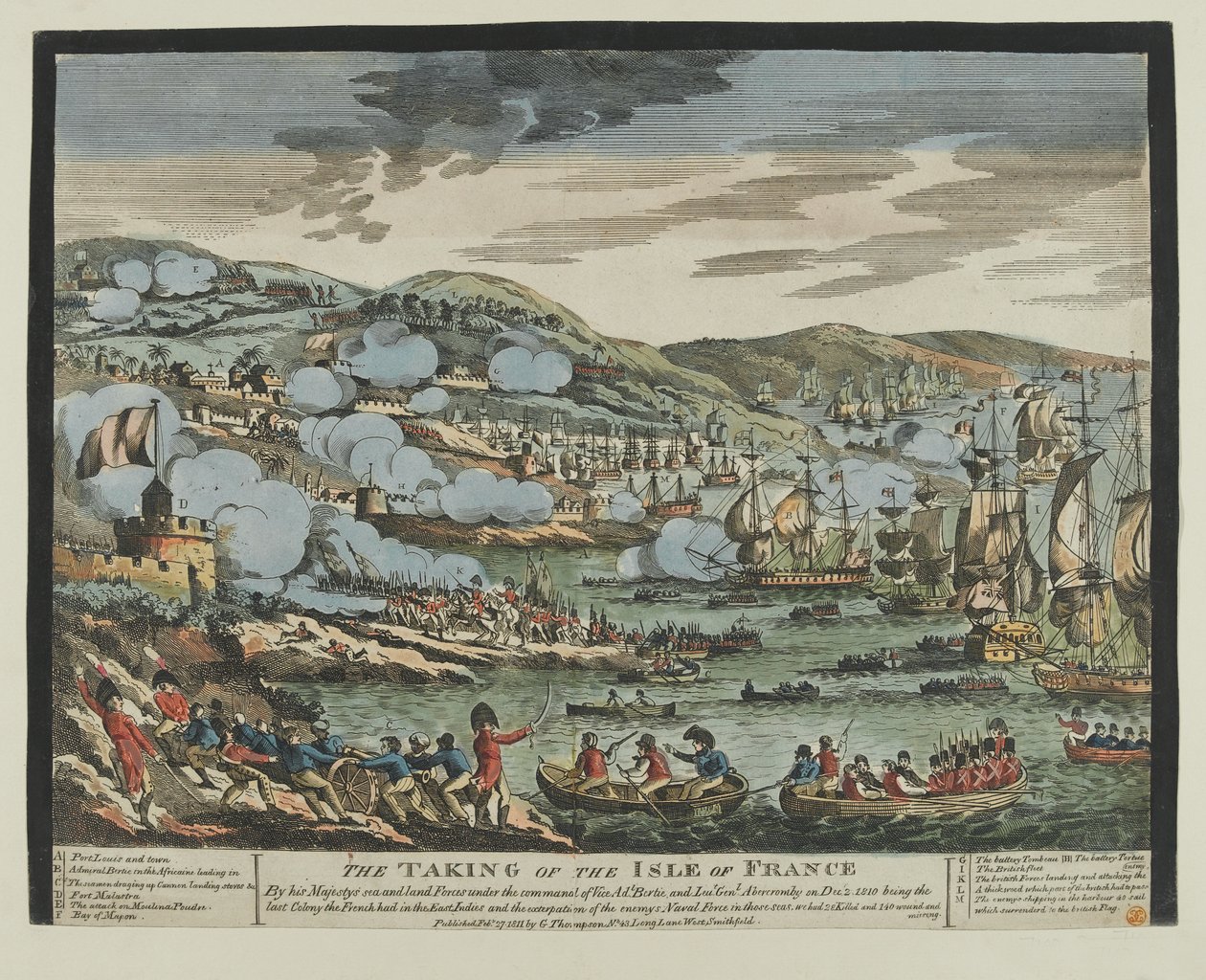Ranskan saaren (Mauritius) valtaus 2. joulukuuta 1810 (puupiirros, värillinen) tekijältä Unknown artist