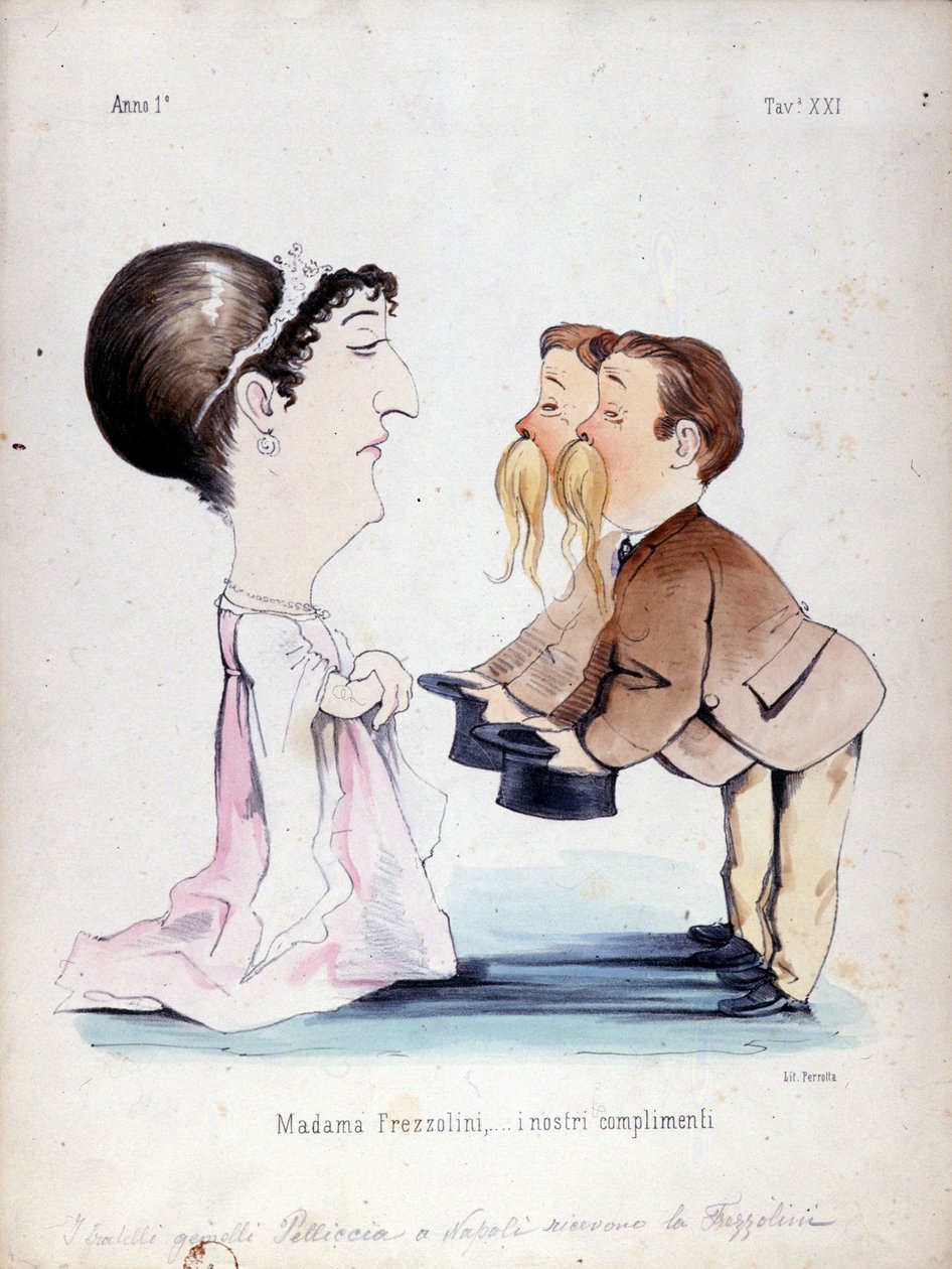 Kaksoisveljekset Pelliccia saivat Erminia Frezzolinin, italialaisen sopraanon (1818-1884). Sarjakuva 1800-luvulta. tekijältä Unknown artist