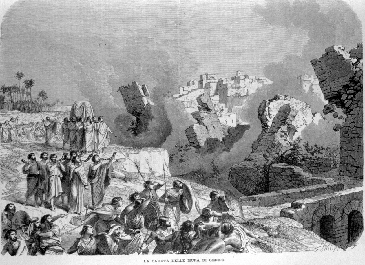 Jerikon muurit romahtivat Hoosean trumpettien soidessa, mikä antoi heprealaisten valloittaa ne. Joosuan kirja. Kaiverrus 1800-luvulta. tekijältä Unknown artist