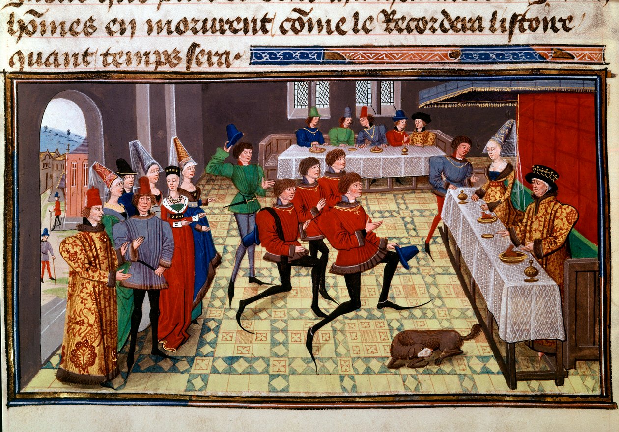 Hääjuhla Gasconyn kuninkaan Yvonin ja Renaud Miniaturen tyttären Clarissen häissä Loyset Liedetin käsikirjoituksesta "Renaud de Montauban" tai "Les quatre fils Aymon" (toimii vuosina 1448-1478). Ms. 5073. 1400-luvun Bibliotheque tekijältä Unknown artist