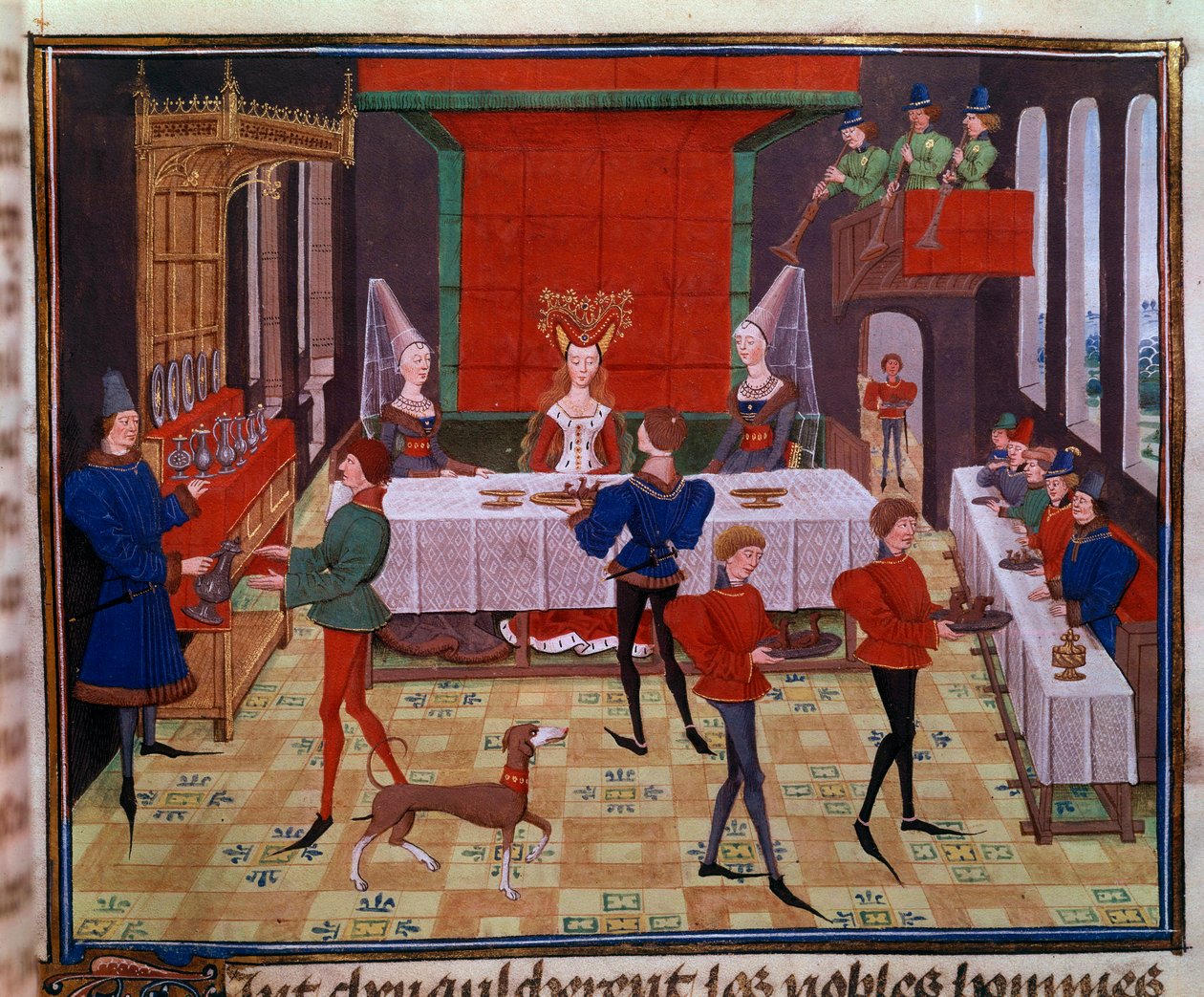 Hääjuhla Gasconyn kuninkaan Yvonin ja Renaud Miniaturen tyttären Clarissen häissä Loyset Liedetin käsikirjoituksesta "Renaud de Montauban" tai "Les quatre fils Aymon" (toimii vuosina 1448-1478). Ms. 5073. 1400-luvun Bibliotheque tekijältä Unknown artist