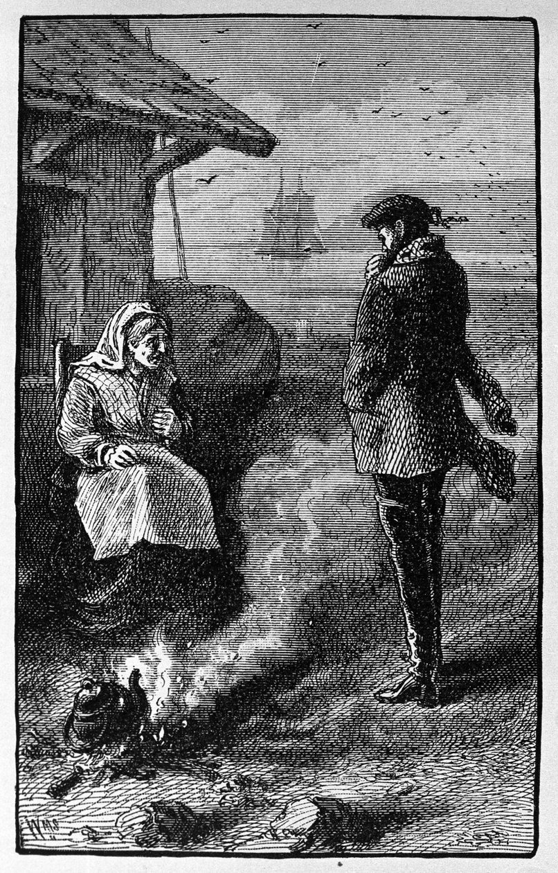 Pomonan saarella (Orkney) asuva noita Bessie Millie myy purjehtijoille edullisia tuulia. Kuva Walter Scottin tarinasta vuodelta 1814. Kaiverrus 1800-luvulta tekijältä Unknown artist