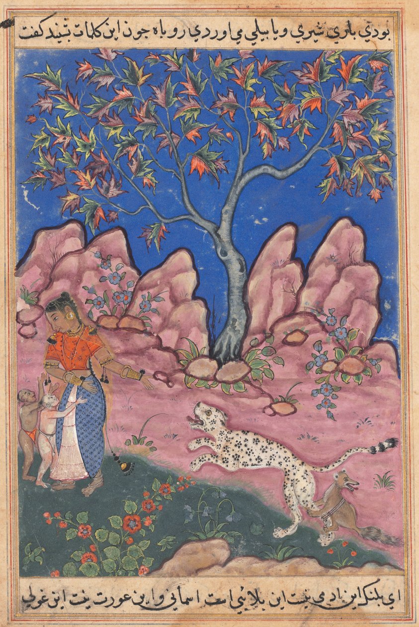 Nainen keskustelee lastensa kanssa, kun leopardi palaa jalkaansa sidotun ketun munasta Tuti-namasta (Papuukaijan tarinoita): Kolmanneskymmenes yö tekijältä Unknown artist