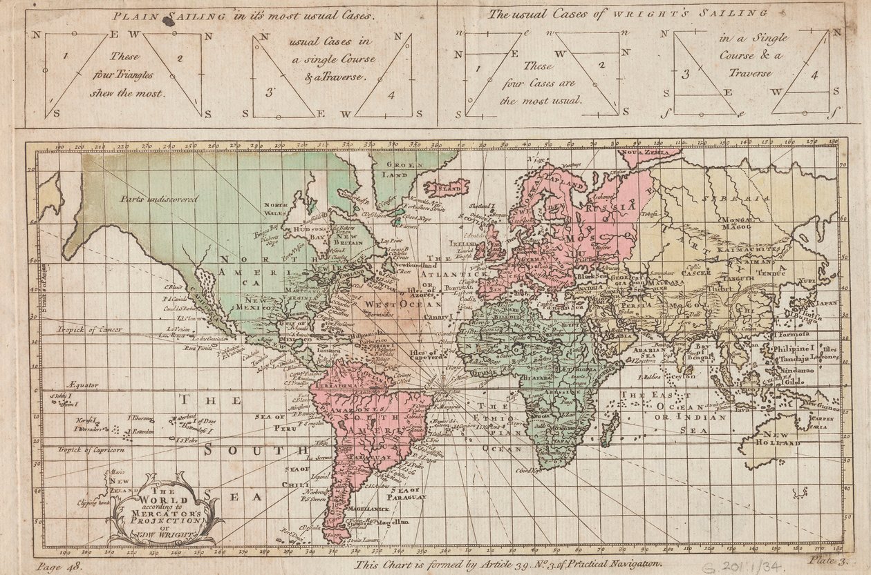 Maailma Mercatorin tai Edw Wrightin projektion mukaan, noin 1730 (kaiverrus). tekijältä Unknown artist