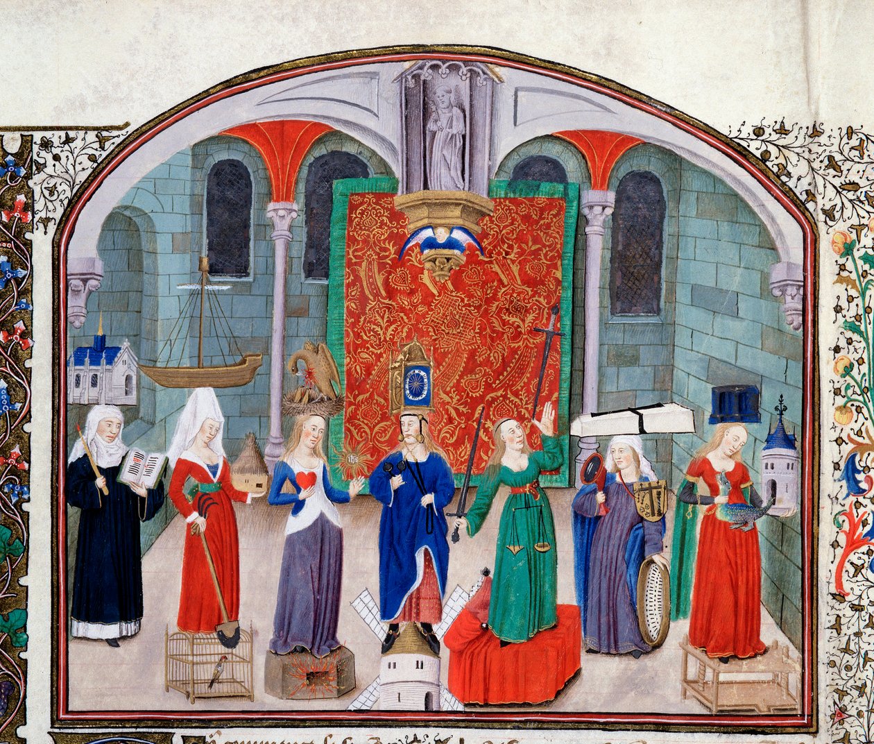 Teologisten ja kardinaalien hyveiden teoria. Miniatyyri käsikirjoituksesta (Ms 927 fol.17V) "" Kommentti poliittisesta ja taloudellisesta etiikasta"" kreikkalaisen filosofin Aristoteleen (383-322 eKr.) kääntäjä Nicolas Oresme (1325-1382) tekijältä Unknown artist