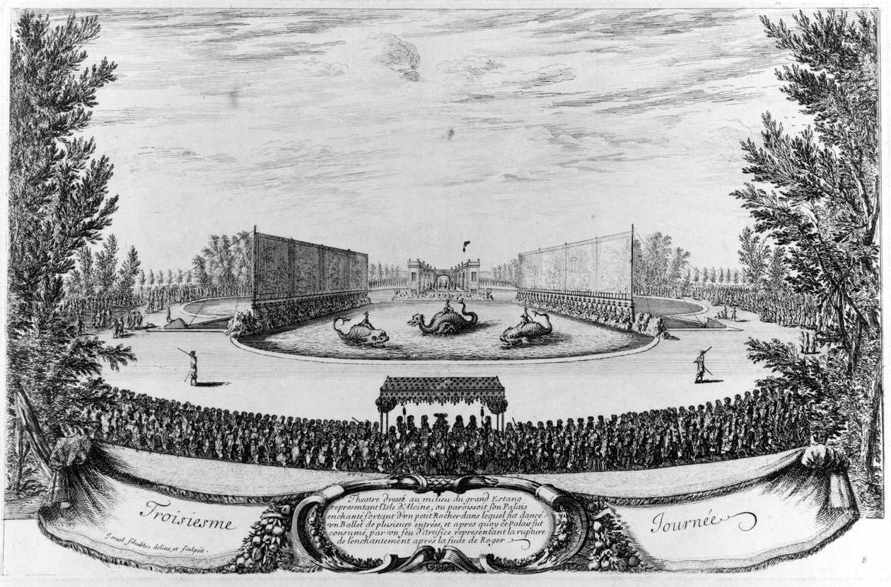 Kolmas päivä: Suuren lammen keskelle rakennettu teatteri, joka edustaa Alcinen saarta... Kaiverrus 1676. tekijältä Unknown artist