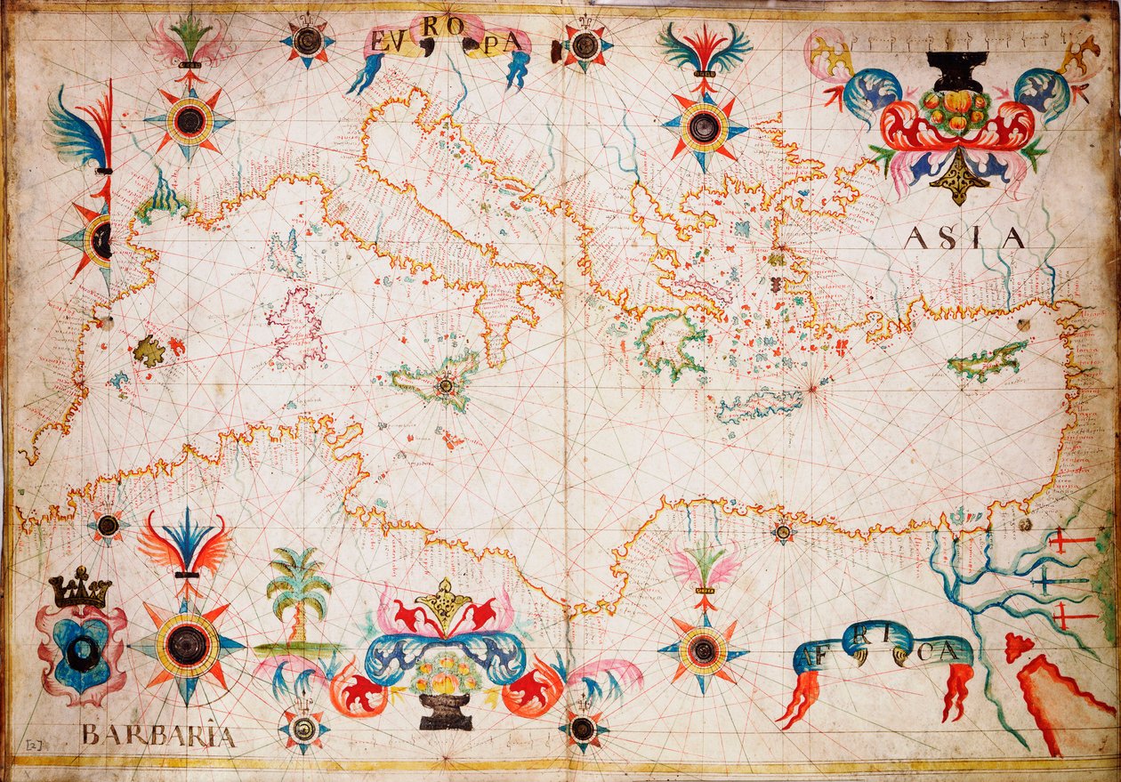 Tämäntyyppinen varhainen pergamenttinen merikartta on peräisin Välimereltä 1200-luvulta., noin 1610 (käsikirjoitus). tekijältä Unknown artist