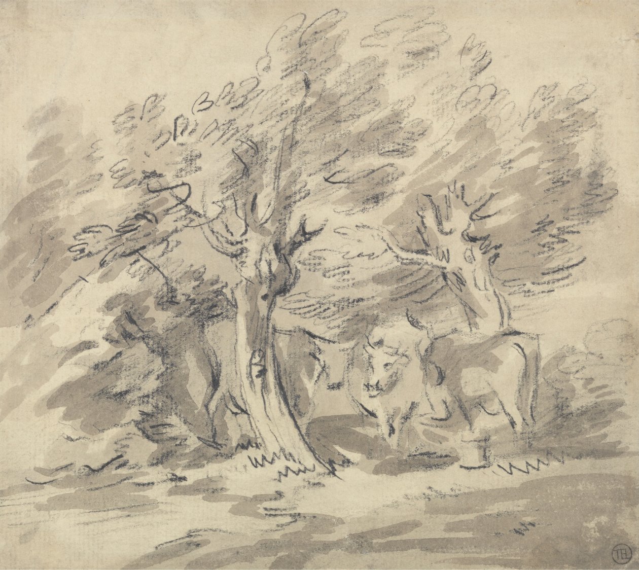 Kolme lehmää seisoo puuryhmän alla tekijältä Unknown artist