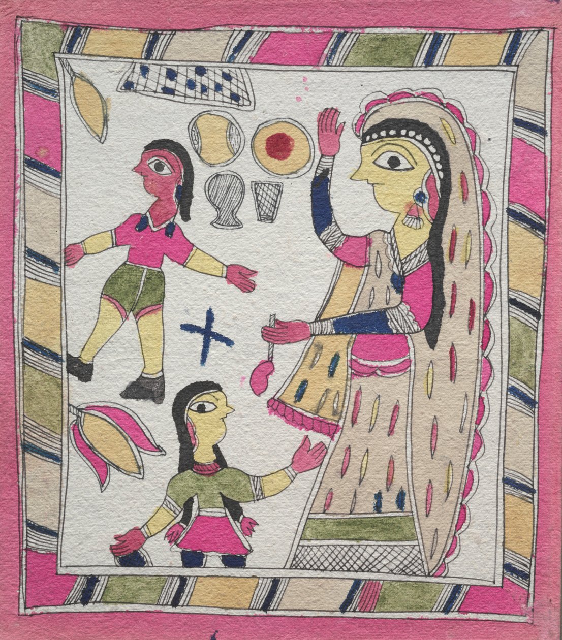 Kolme hahmoa: nainen ja kaksi lasta pelaamassa palloa tekijältä Unknown artist