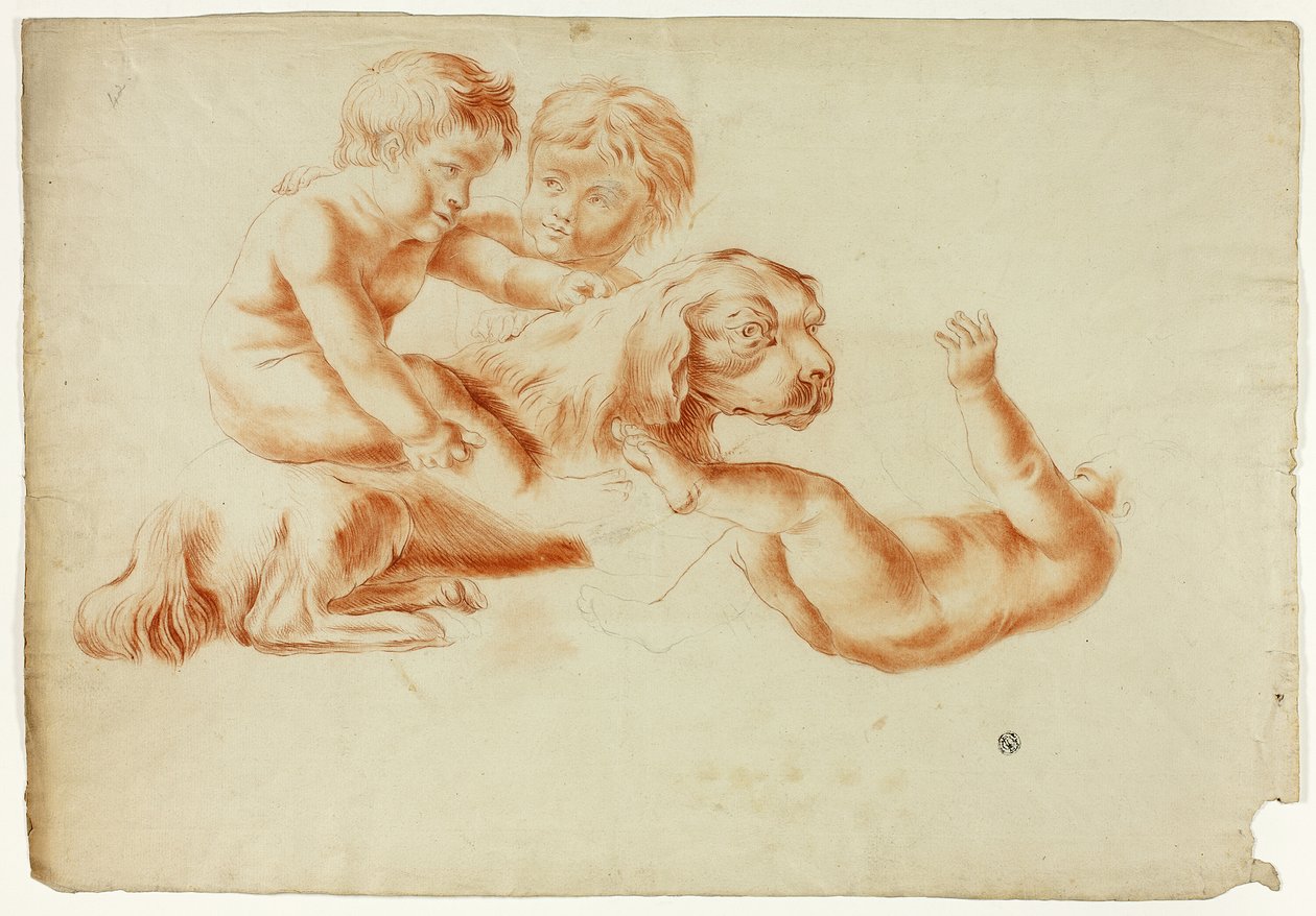 Kolme Putti leikkii koiran kanssa tekijältä Unknown artist