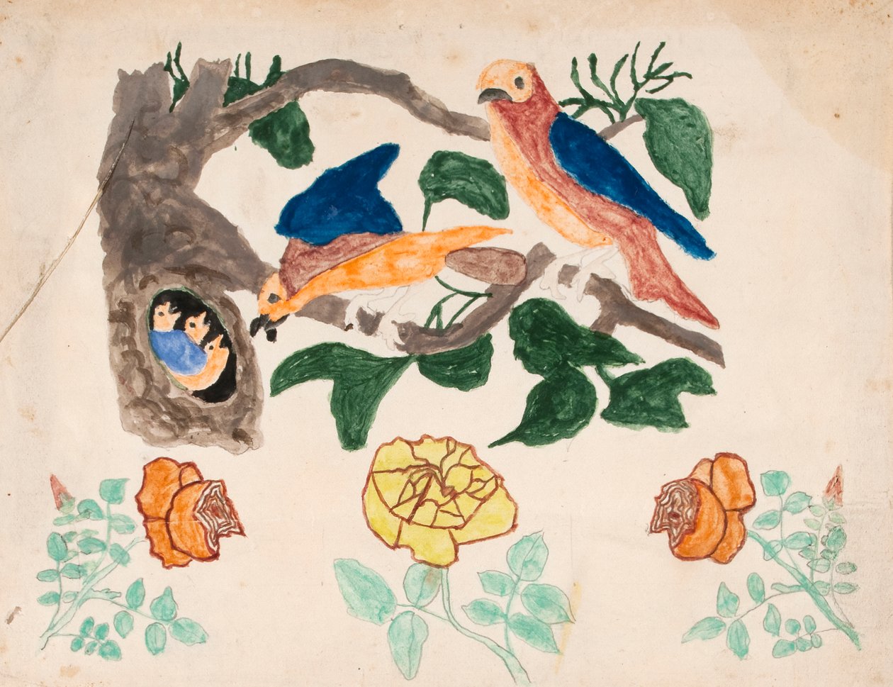 Kolme ruusua ja linnun perhe tekijältä Unknown artist